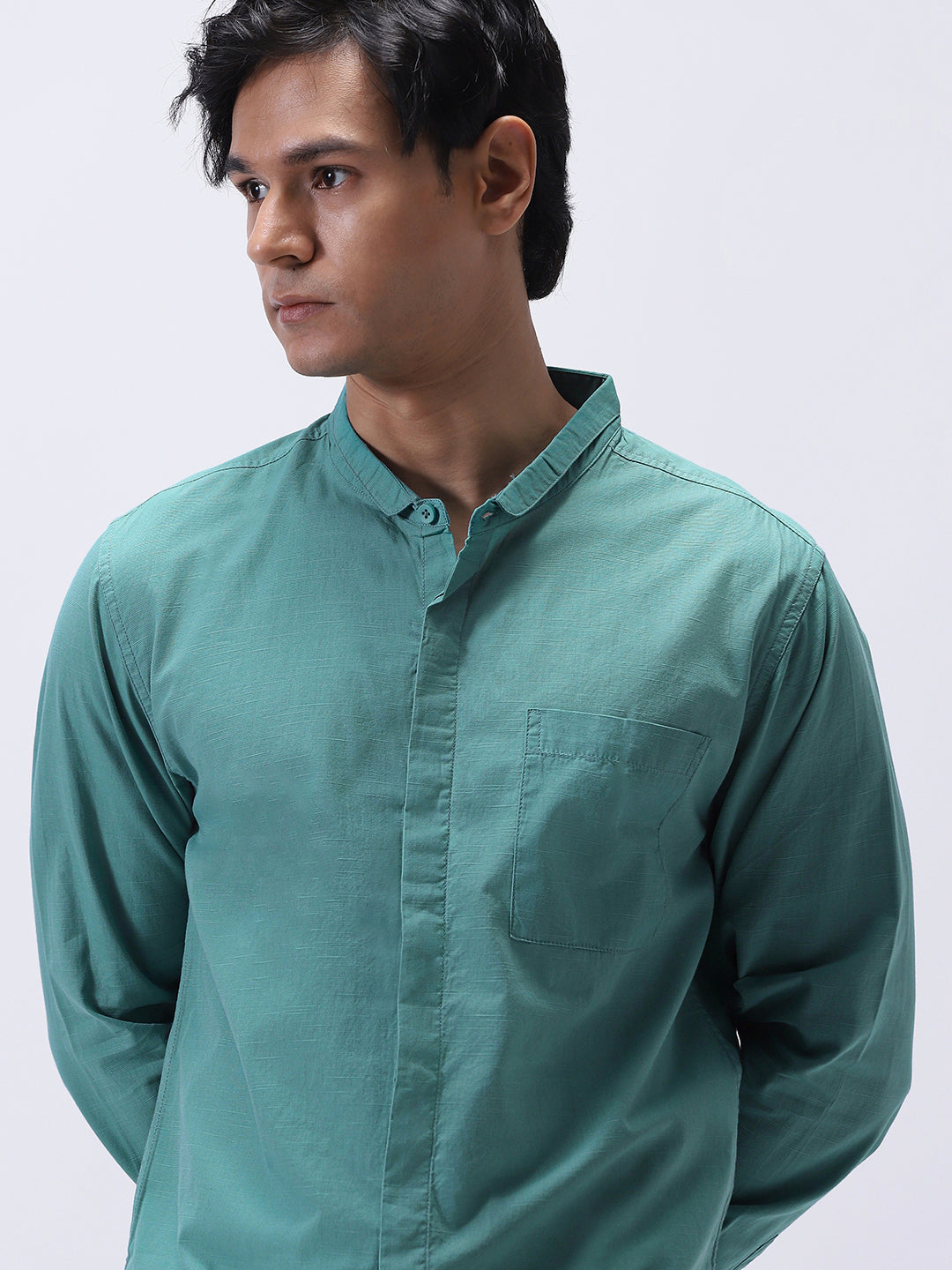 Men's Light Teal Cotton Full Sleeve Regular Fit Casual Solid Shirt with Band Collar