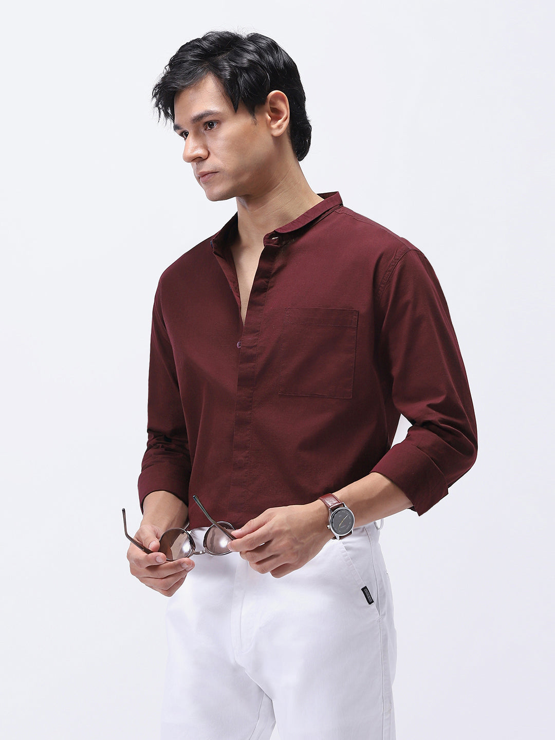 Men's Maroon Cotton Full Sleeve Regular Fit Casual Solid Shirt with Band Collar