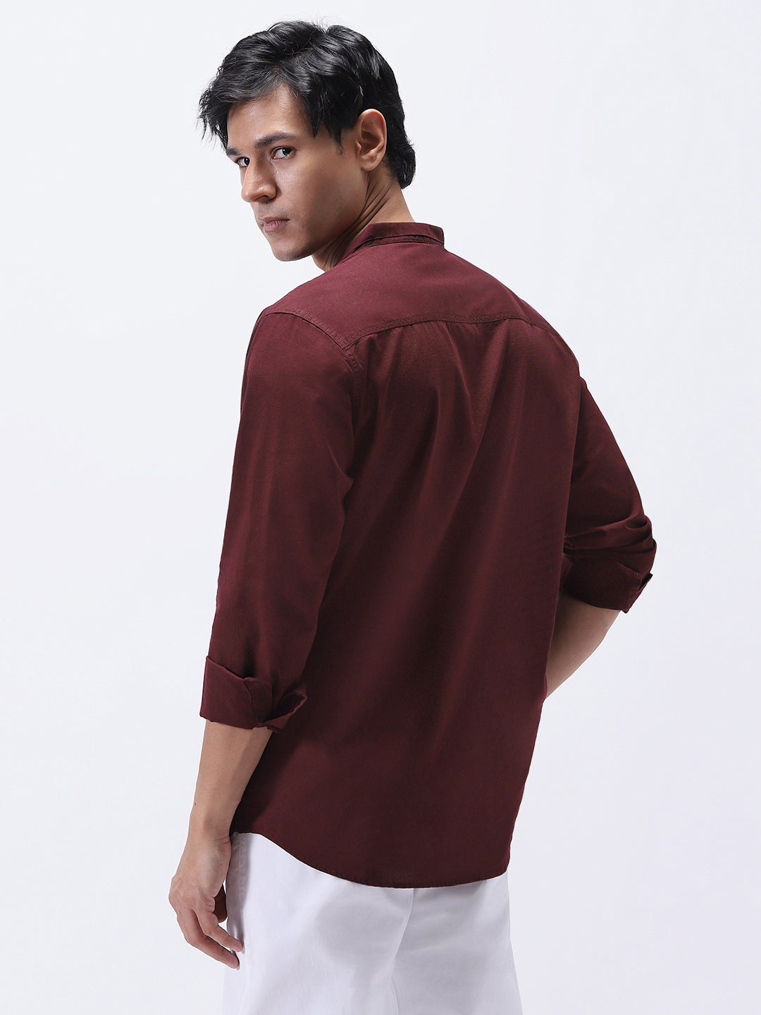 Men's Maroon Cotton Full Sleeve Regular Fit Casual Solid Shirt with Band Collar