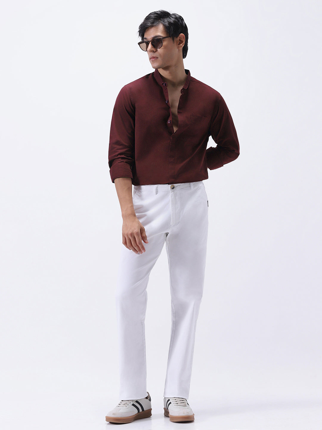Men's Maroon Cotton Full Sleeve Regular Fit Casual Solid Shirt with Band Collar