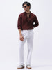 Men's Maroon Cotton Full Sleeve Regular Fit Casual Solid Shirt with Band Collar