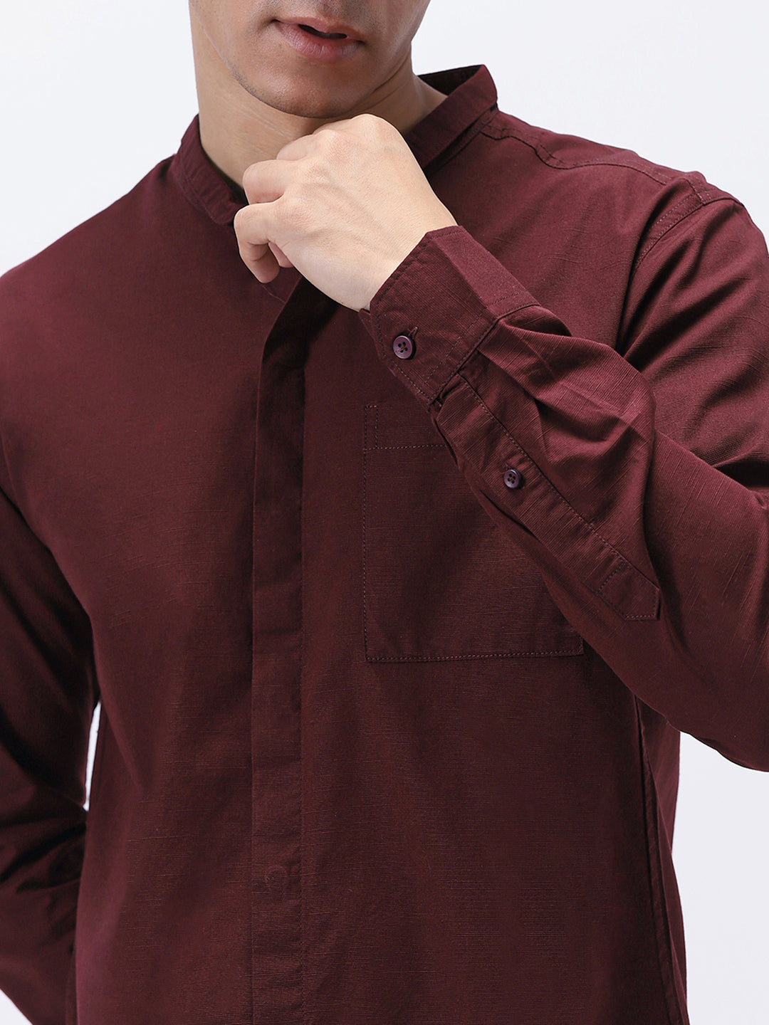 Men's Maroon Cotton Full Sleeve Regular Fit Casual Solid Shirt with Band Collar