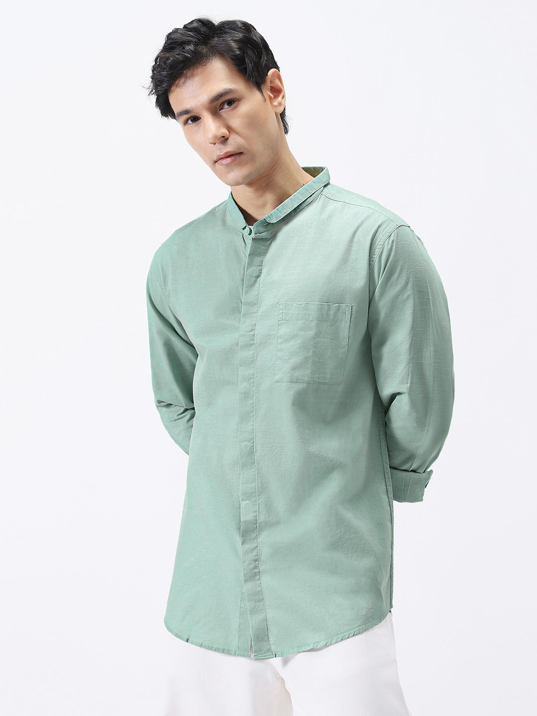 Men's Mint Cotton Full Sleeve Regular Fit Casual Solid Shirt with Band Collar