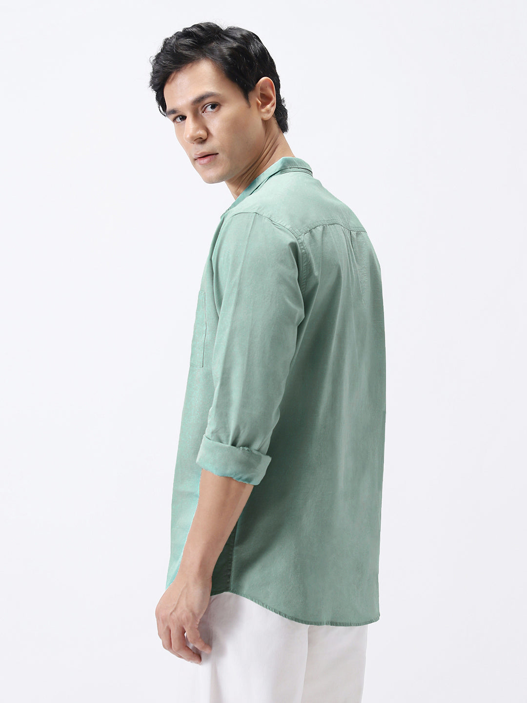 Men's Mint Cotton Full Sleeve Regular Fit Casual Solid Shirt with Band Collar