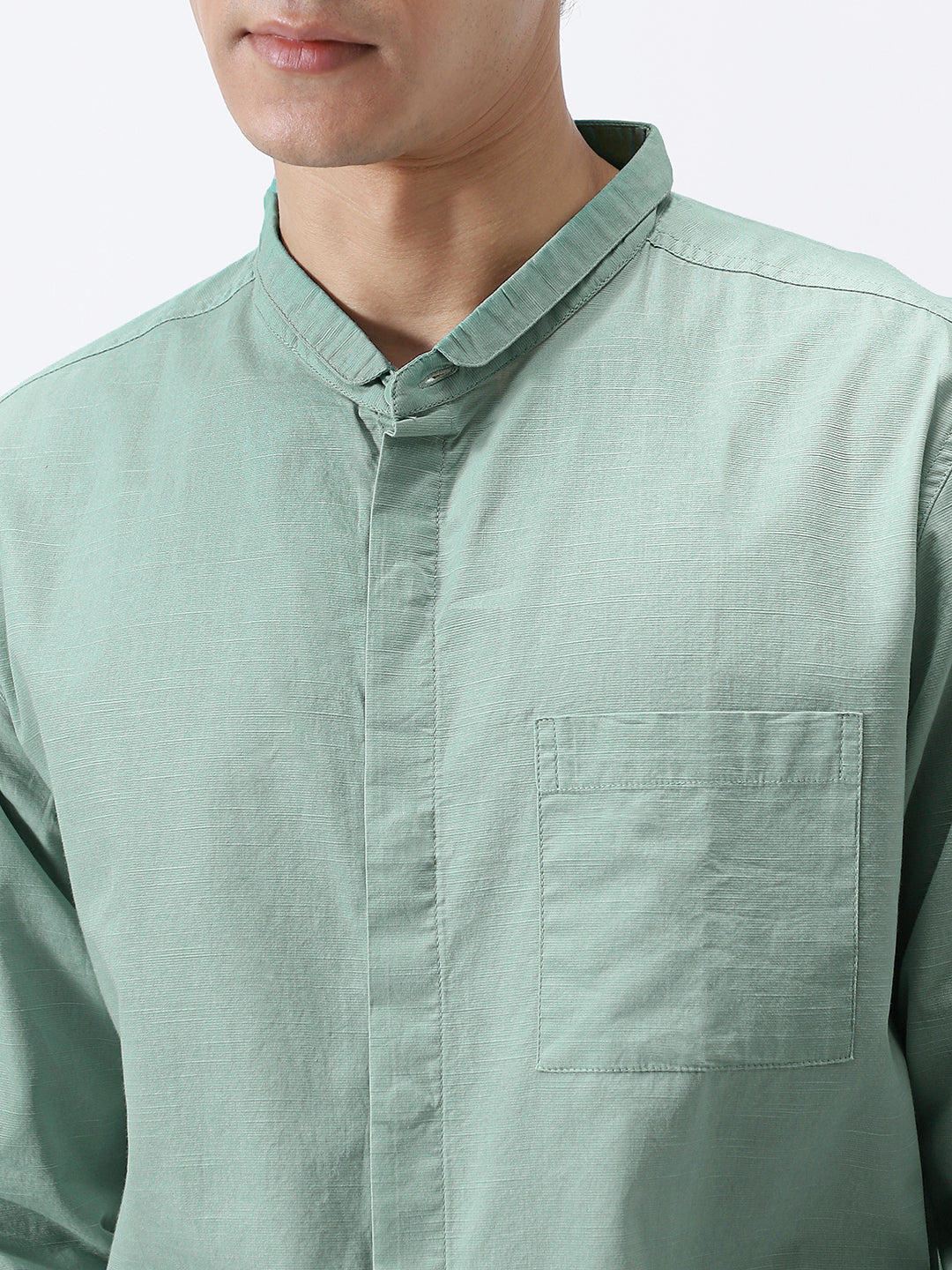 Men's Mint Cotton Full Sleeve Regular Fit Casual Solid Shirt with Band Collar