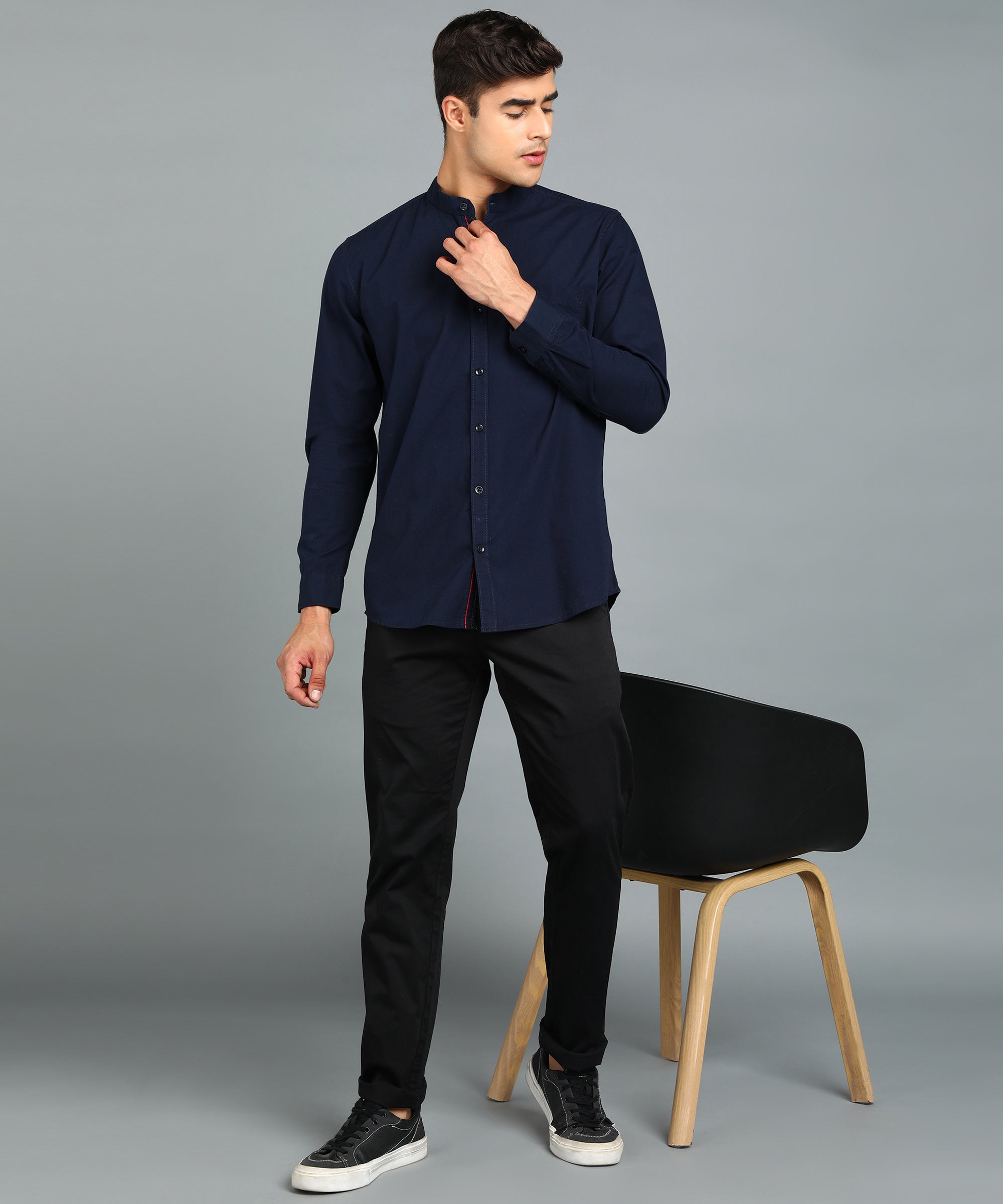 Men's Navy Blue Cotton Full Sleeve Slim Fit Solid Shirt with Mandarin Collar