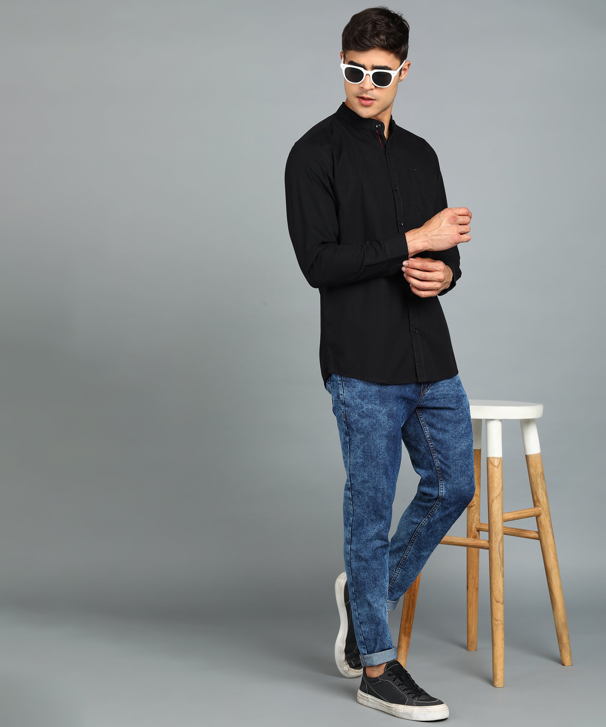 Men's Black Blue Cotton Full Sleeve Slim Fit Solid Shirt with Mandarin Collar
