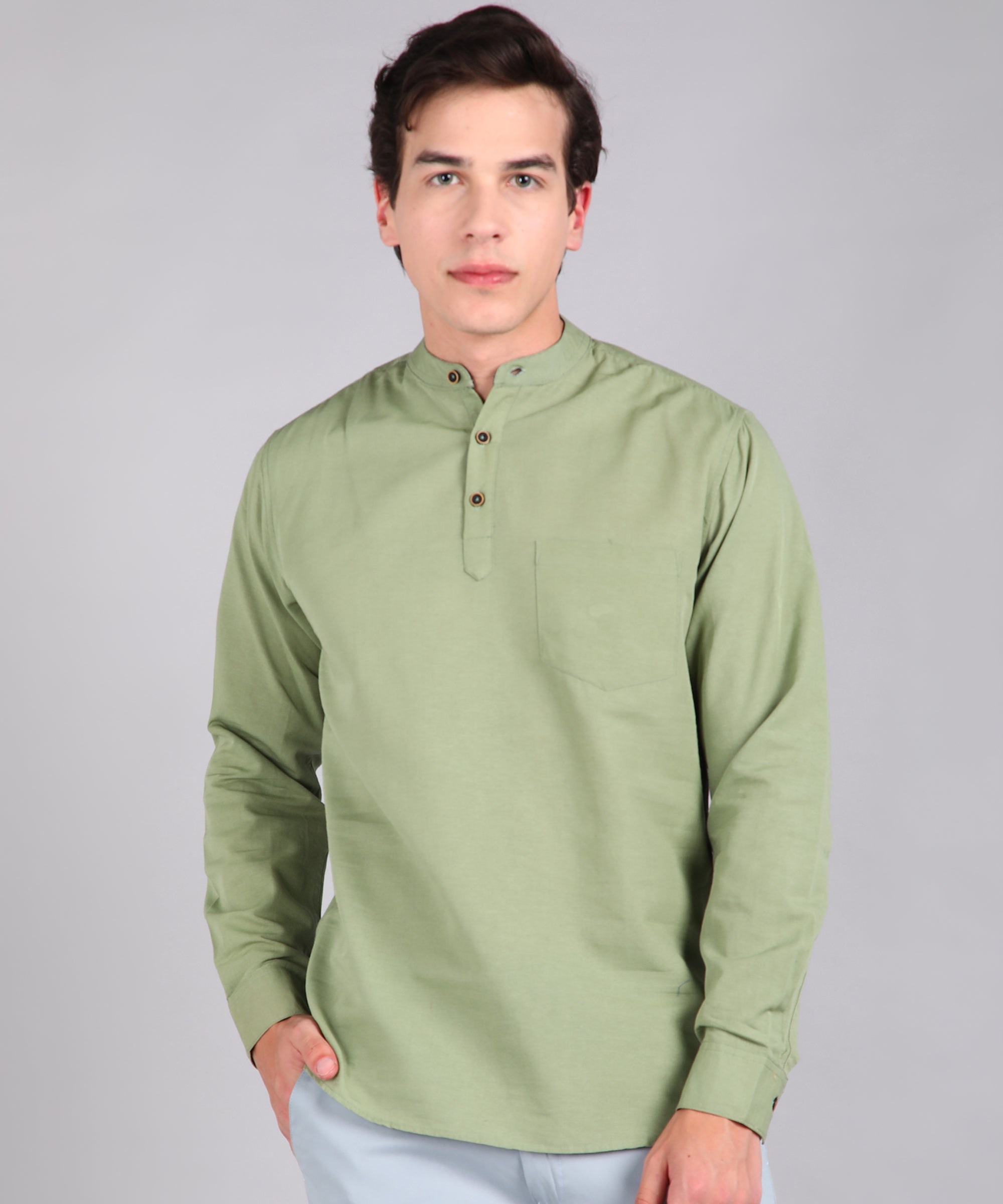 Men's Green Cotton Full Sleeve Slim Fit Solid Shirt with Mandarin Collar