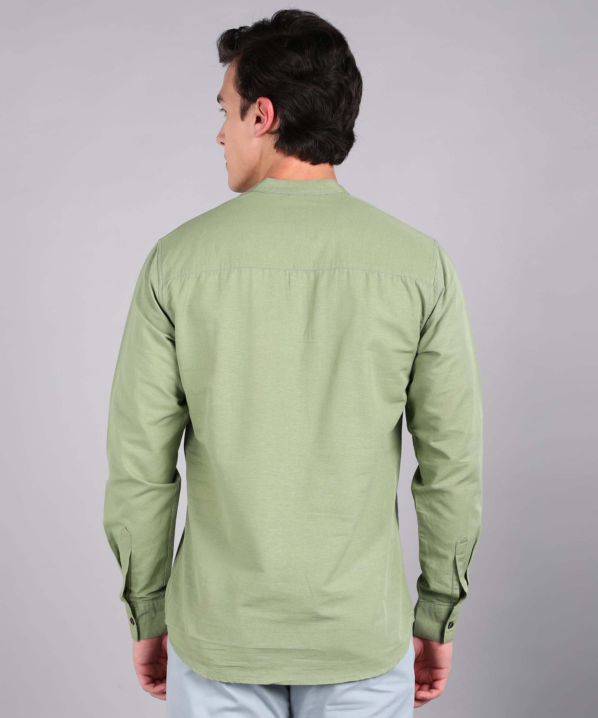 Men's Green Cotton Full Sleeve Slim Fit Solid Shirt with Mandarin Collar