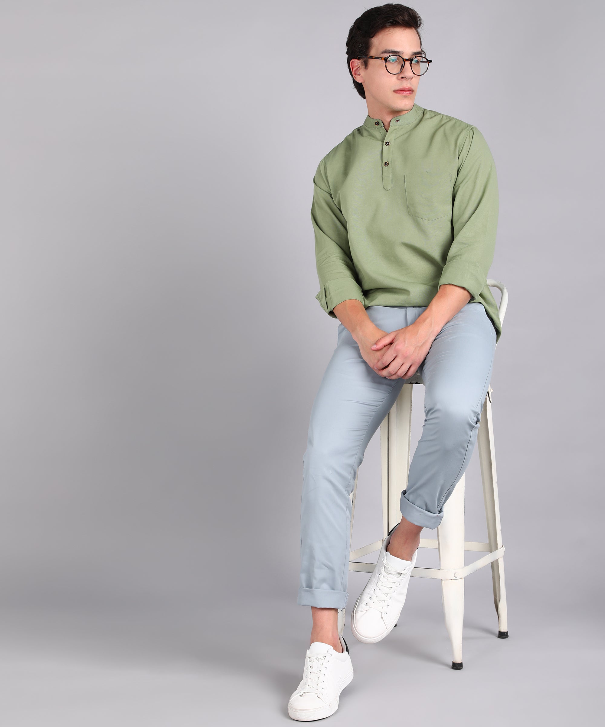 Men's Green Cotton Full Sleeve Slim Fit Solid Shirt with Mandarin Collar