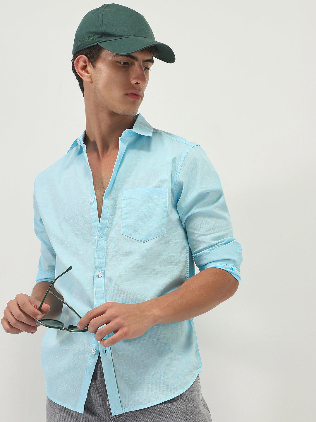 Men's Light Blue Cotton Full Sleeve Regular Fit Casual Solid Slub Shirt with Spread Collar