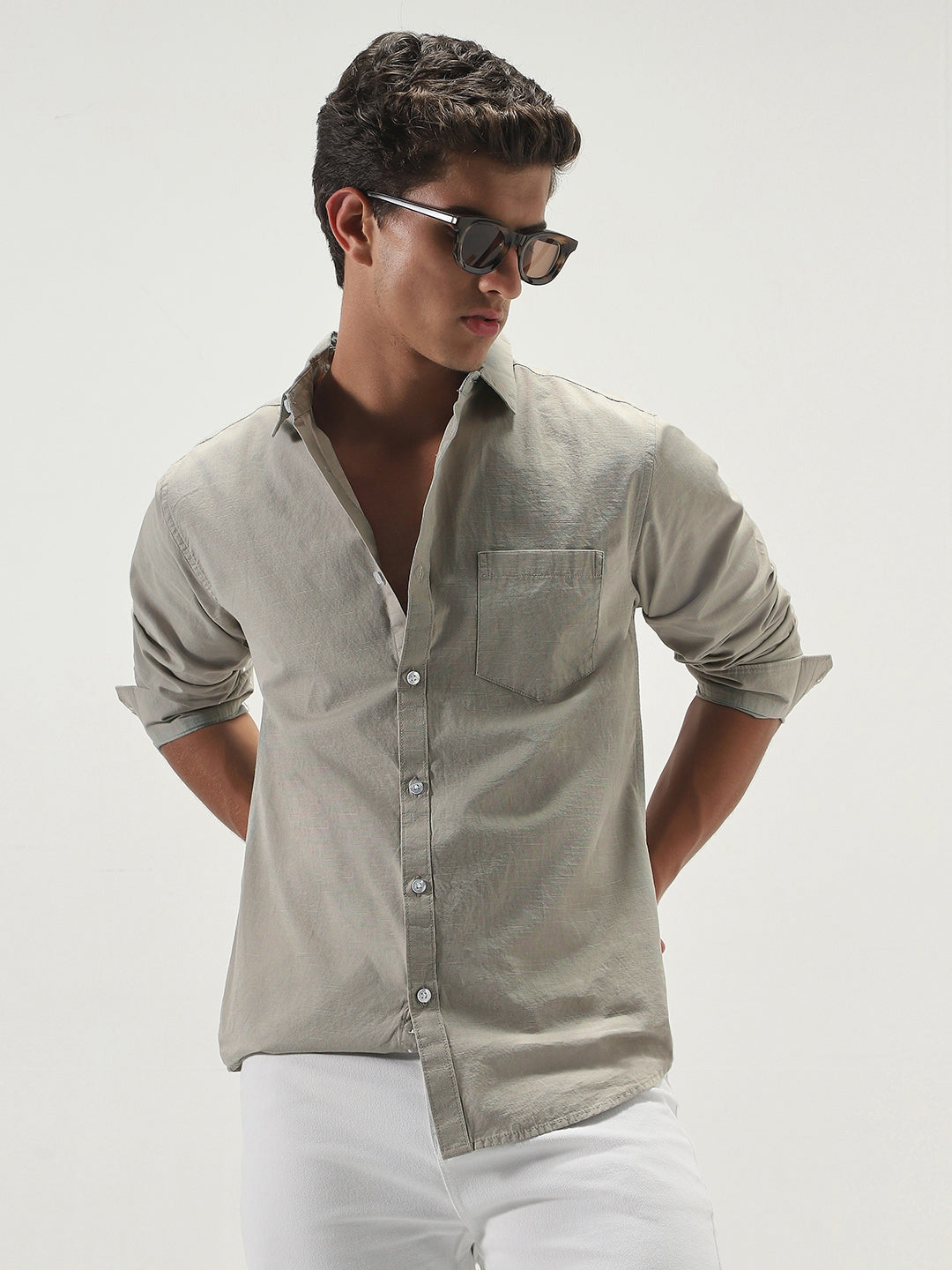 Men's Light Olive Cotton Full Sleeve Regular Fit Casual Solid Slub Shirt with Spread Collar