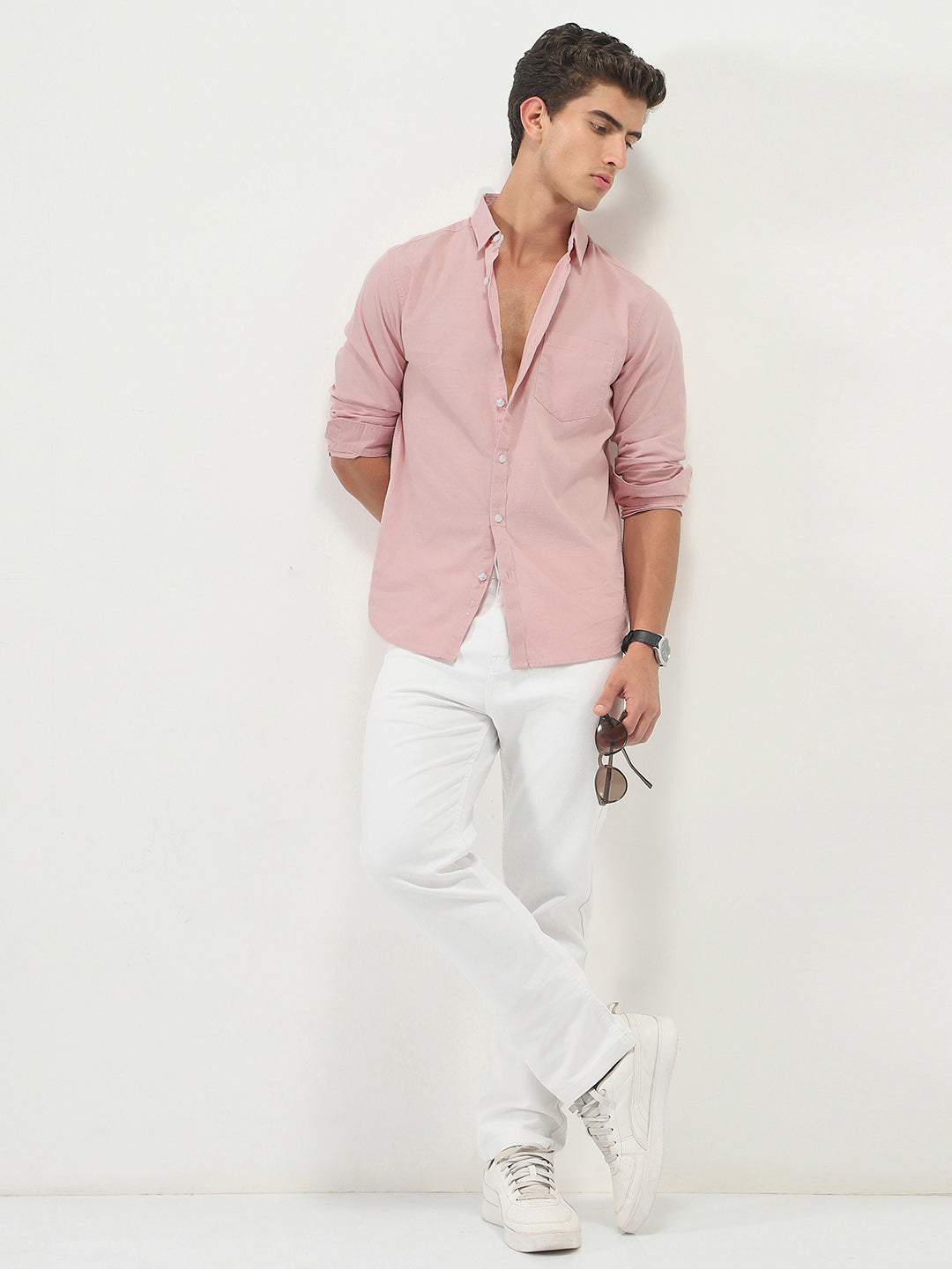 Men's Pink Cotton Full Sleeve Regular Fit Casual Solid Slub Shirt with Spread Collar