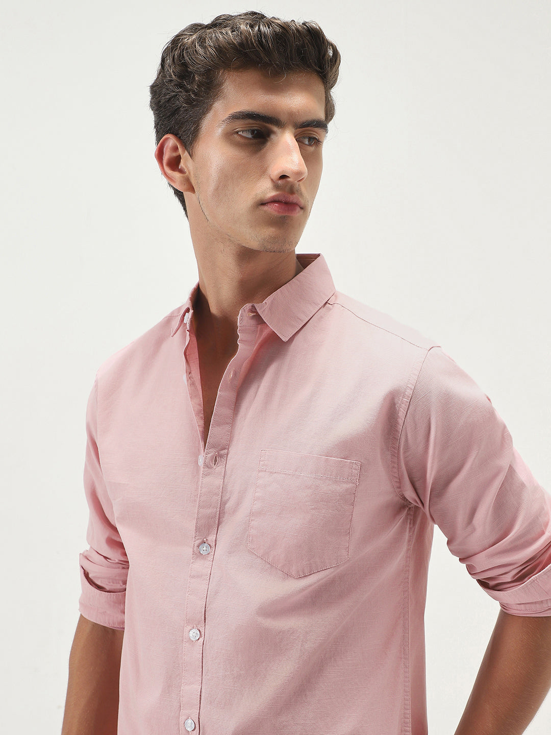 Men's Pink Cotton Full Sleeve Regular Fit Casual Solid Slub Shirt with Spread Collar
