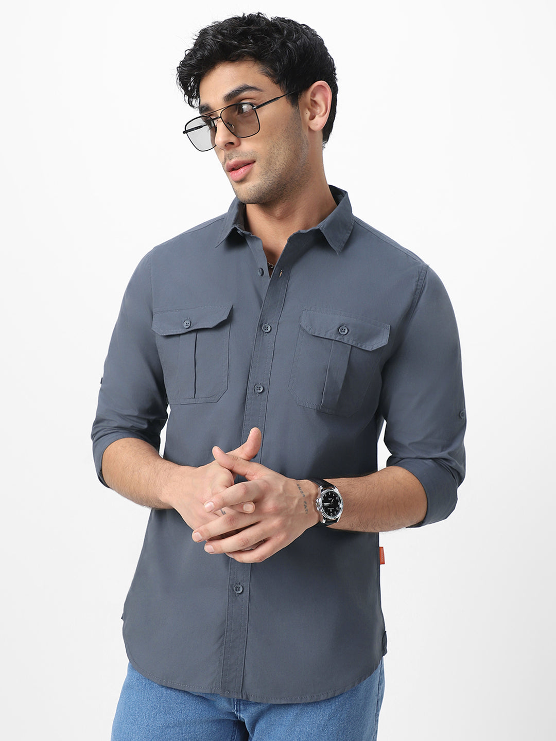 Men's Dark Grey Cotton Full Sleeve Regular Fit Casual Solid Shirt