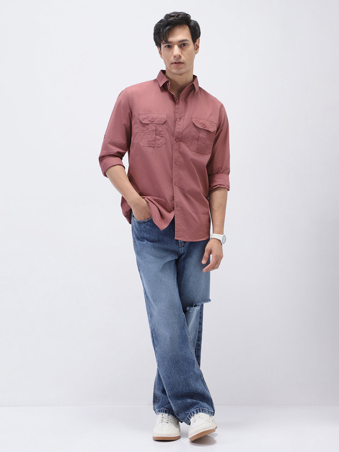 Men's Dusty Pink Cotton Full Sleeve Regular Fit Casual Solid Shirt