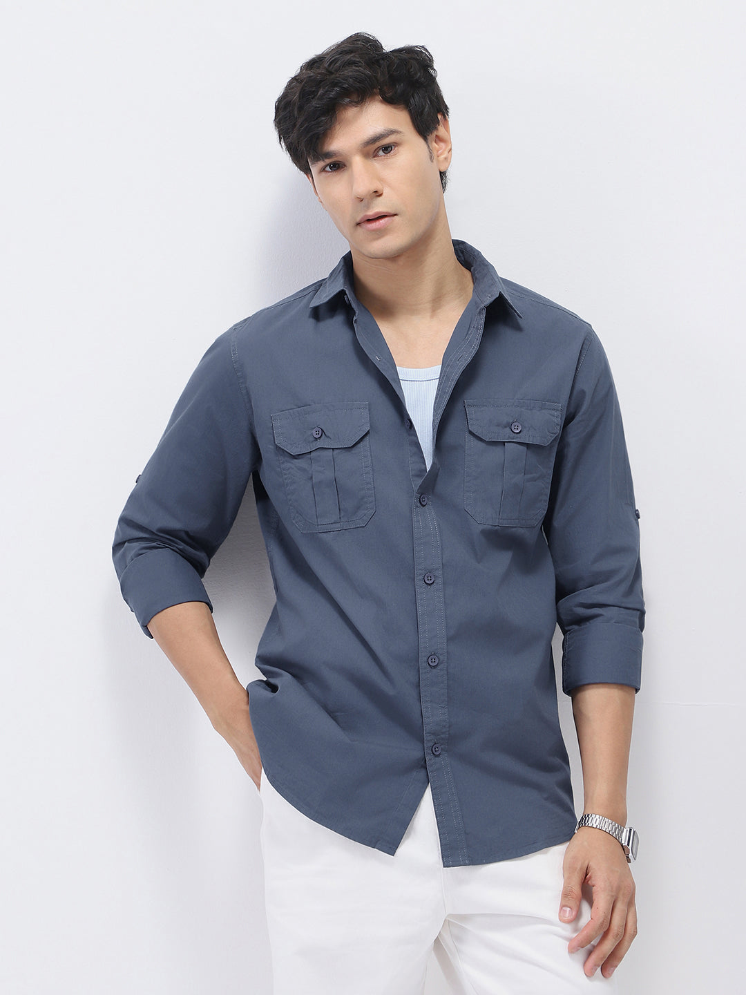 Men's Slate Blue Cotton Full Sleeve Regular Fit Casual Solid Shirt