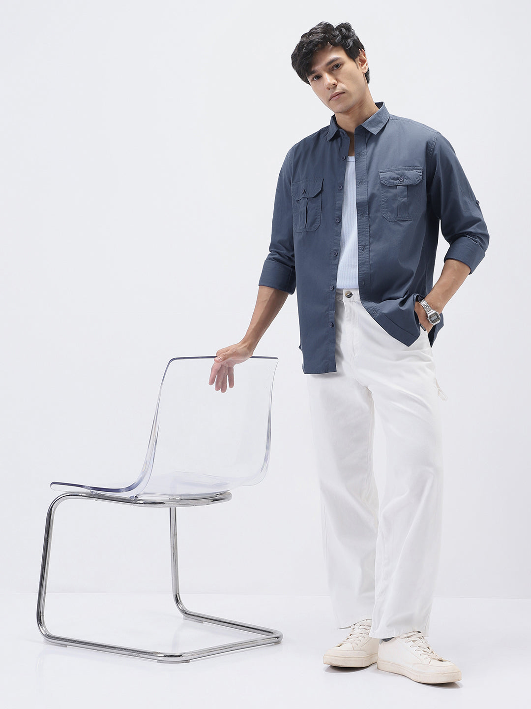 Men's Slate Blue Cotton Full Sleeve Regular Fit Casual Solid Shirt