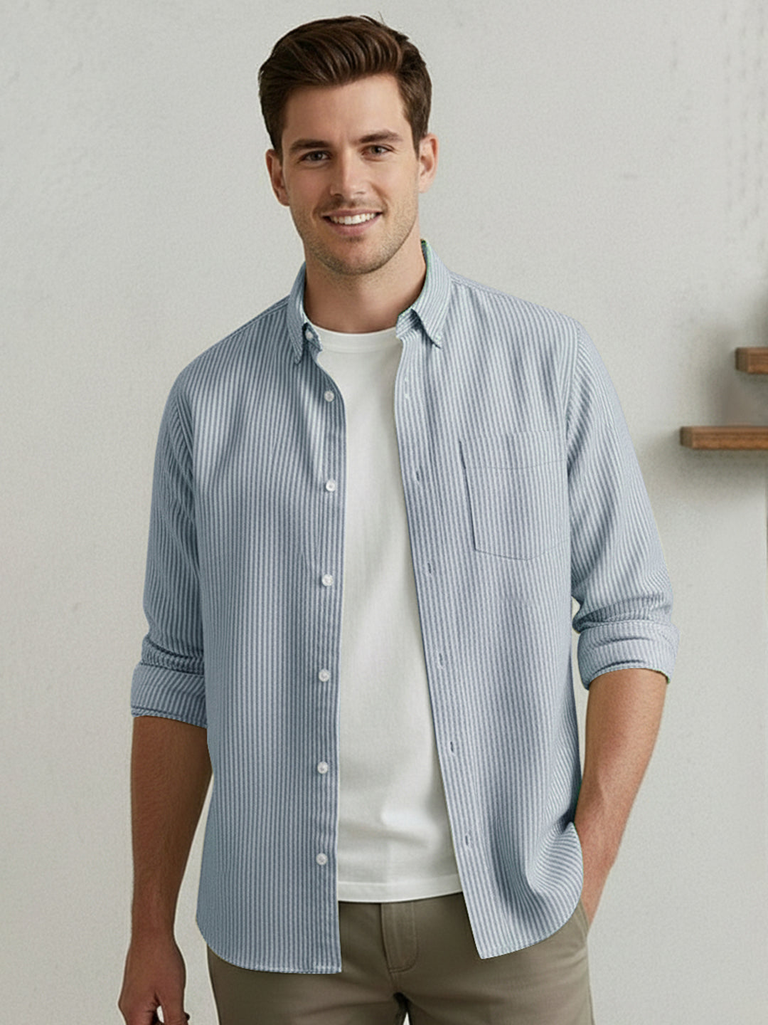 Men's Light Blue Cotton Full Sleeve Regular Fit Casual Striped Shirt