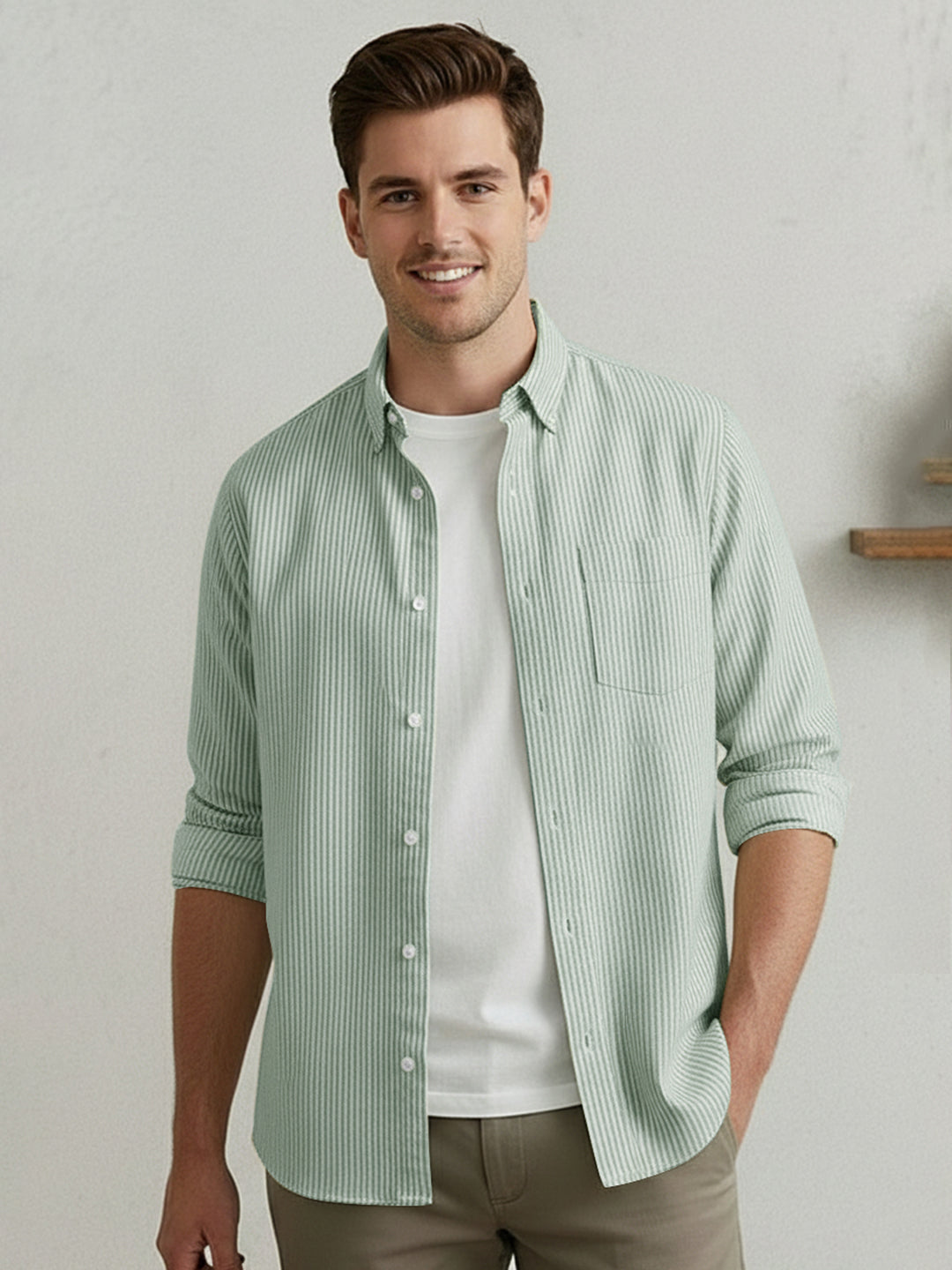 Men's Light Green Cotton Full Sleeve Regular Fit Casual Striped Shirt