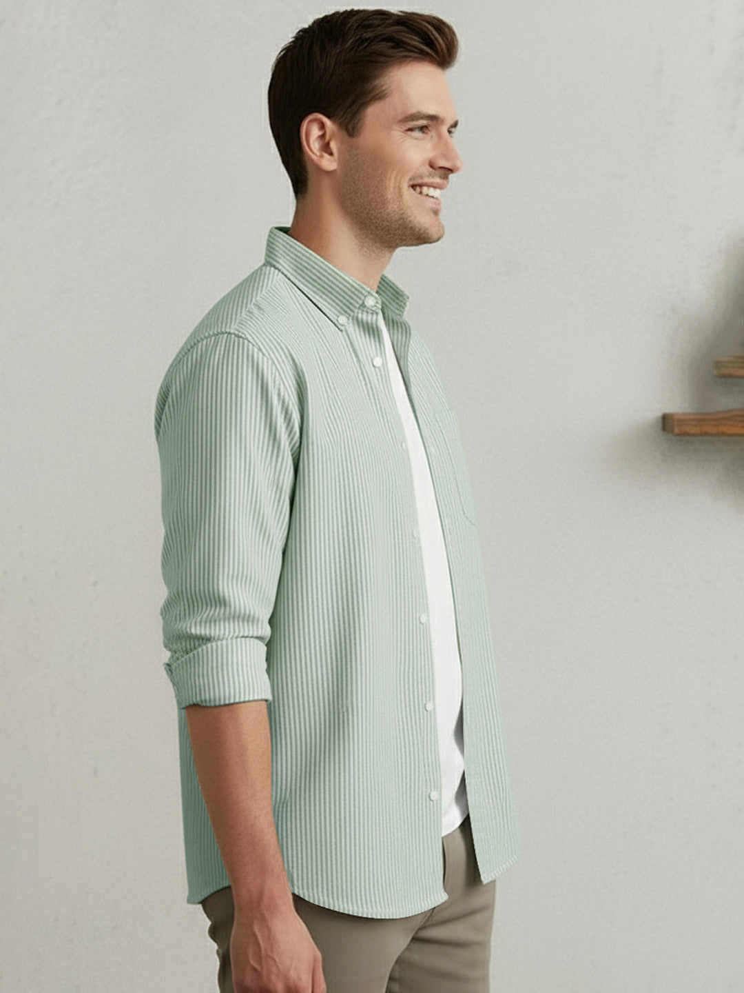 Men's Light Green Cotton Full Sleeve Regular Fit Casual Striped Shirt
