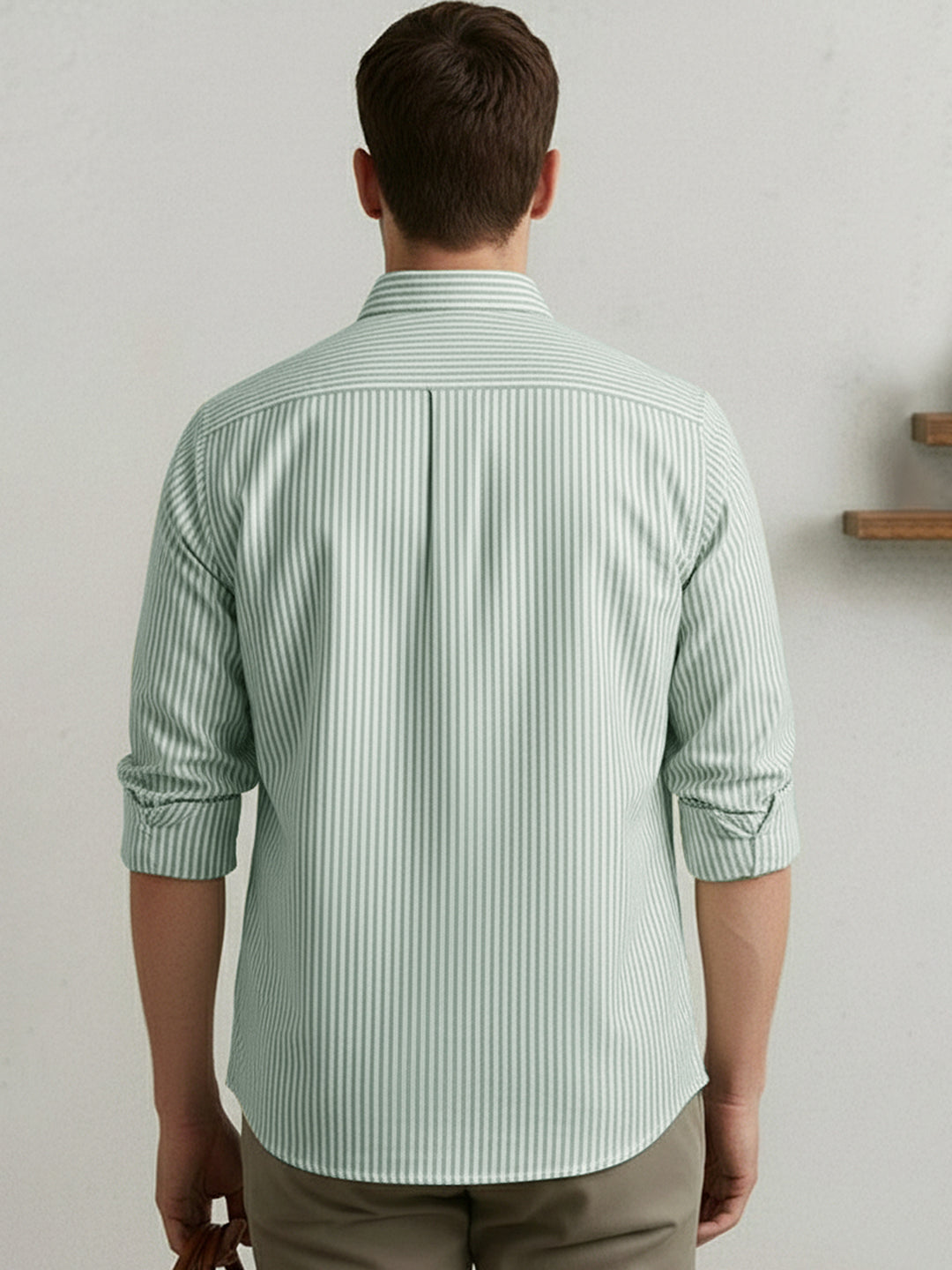 Men's Light Green Cotton Full Sleeve Regular Fit Casual Striped Shirt