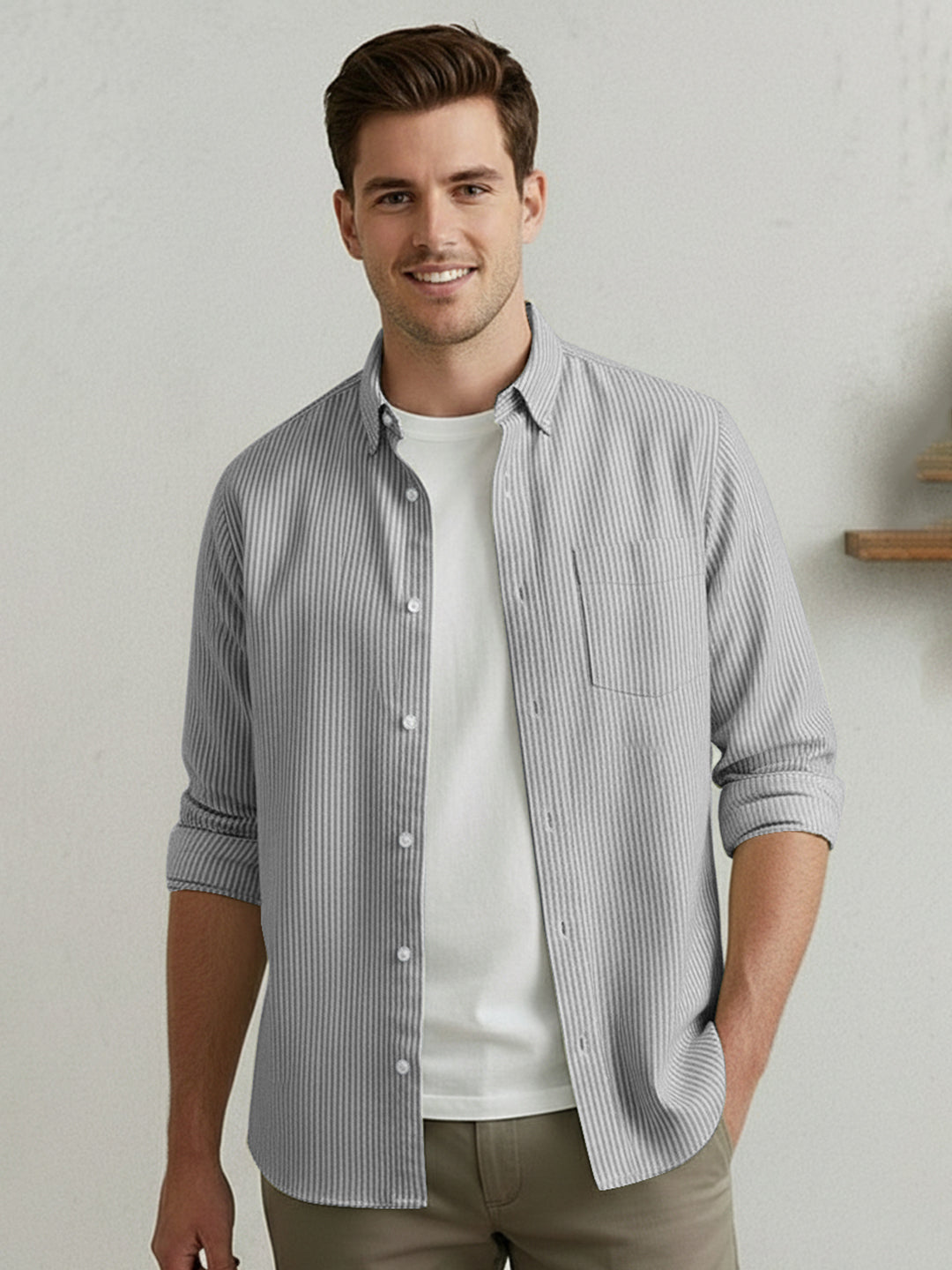 Men's Light Grey Cotton Full Sleeve Regular Fit Casual Striped Shirt