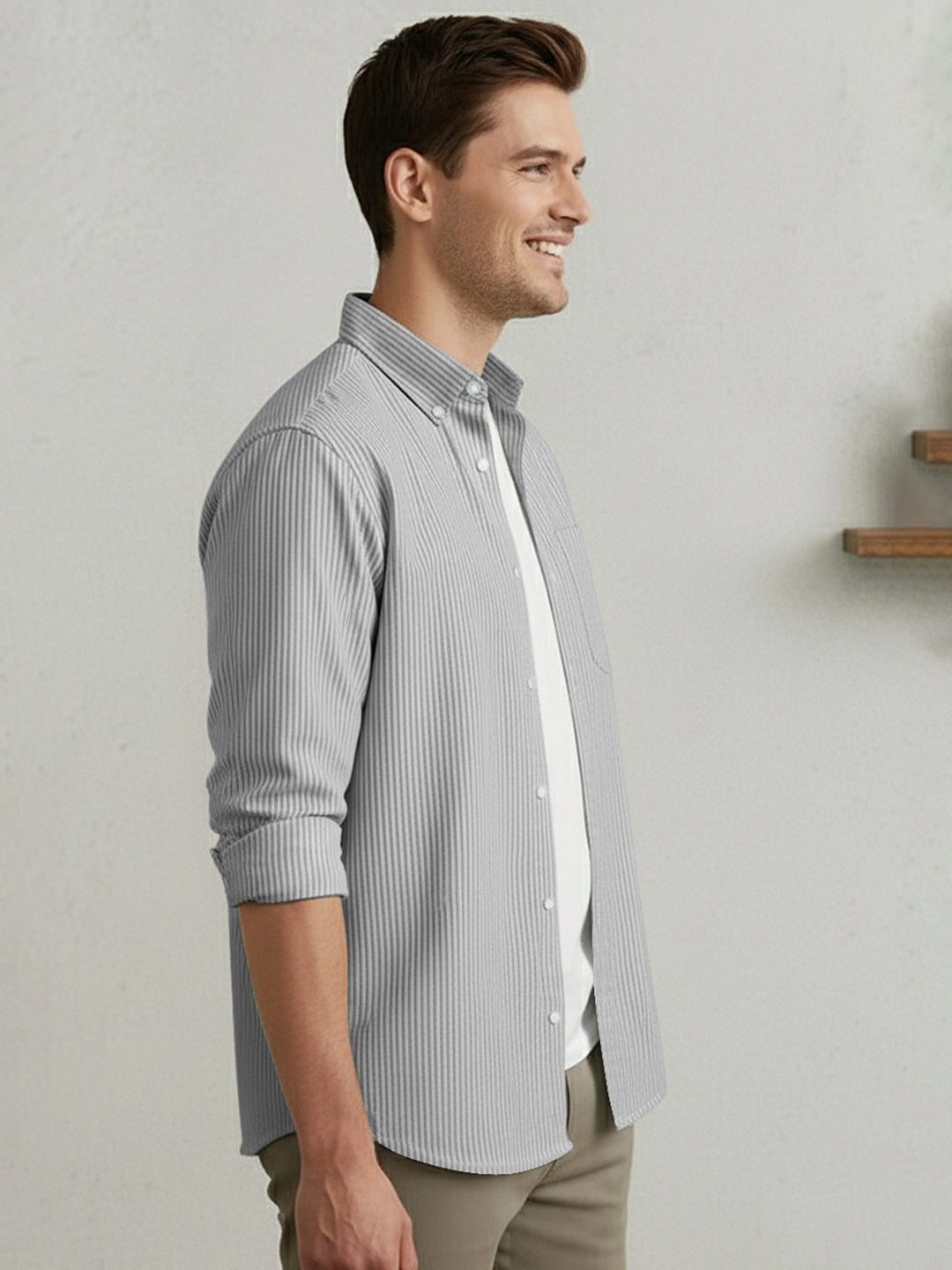 Men's Light Grey Cotton Full Sleeve Regular Fit Casual Striped Shirt