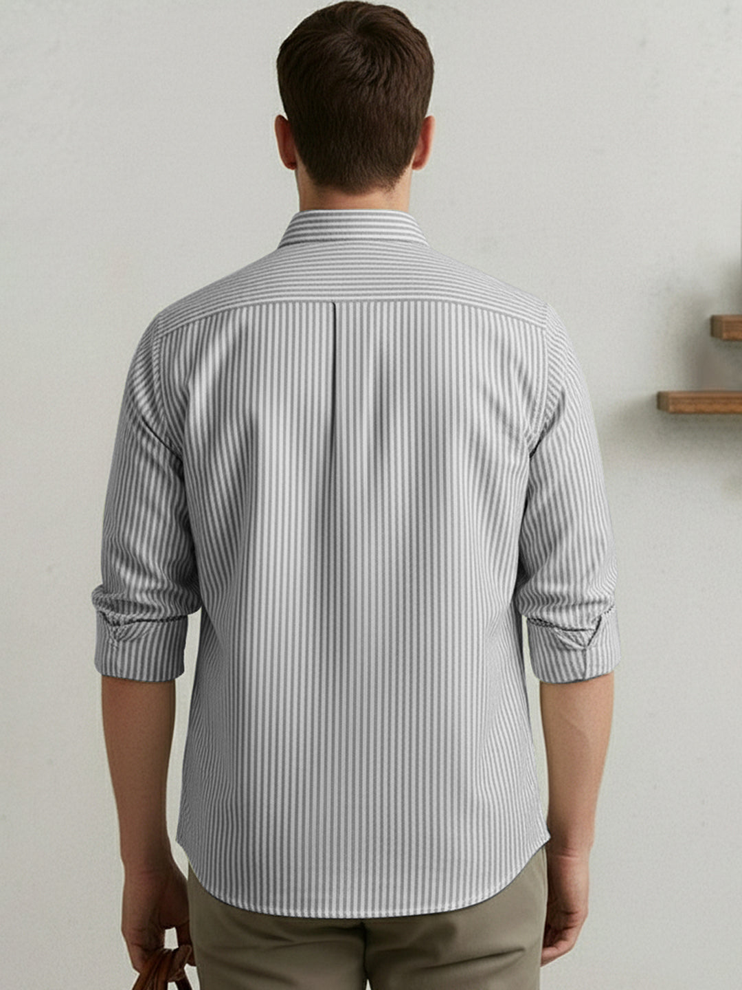 Men's Light Grey Cotton Full Sleeve Regular Fit Casual Striped Shirt
