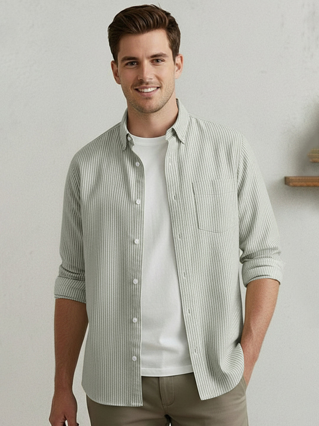 Men's Light Olive Cotton Full Sleeve Regular Fit Casual Striped Shirt