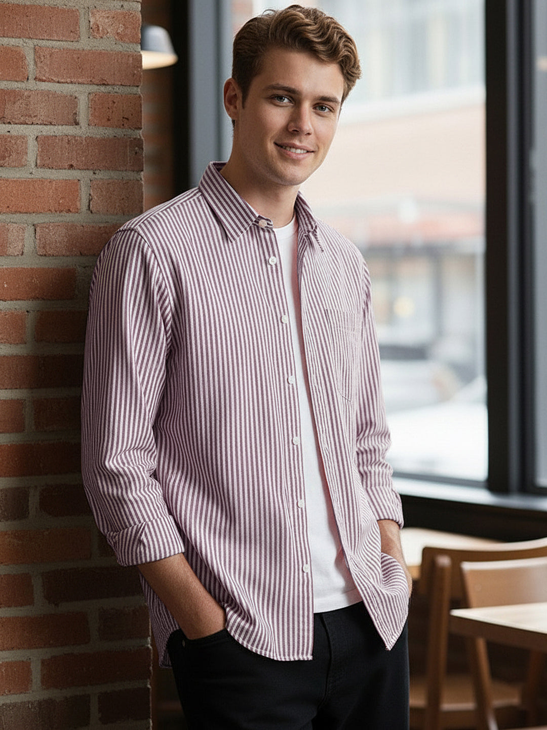 Men's Maroon Cotton Full Sleeve Regular Fit Casual Striped Shirt