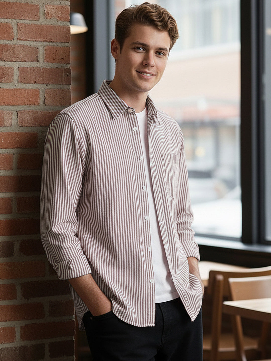 Men's Rust Cotton Full Sleeve Regular Fit Casual Striped Shirt