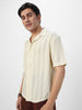 Men's Beige Cotton Half Sleeve Oversized Fit Textured Shirt with Cuban Collar