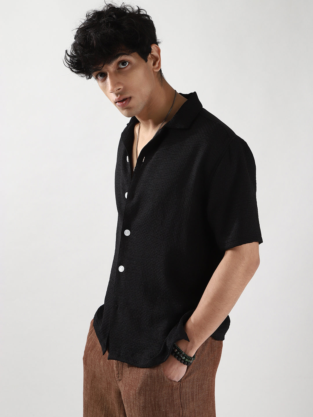 Men's Black Cotton Half Sleeve Oversized Fit Textured Shirt with Cuban Collar