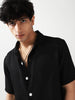 Men's Black Cotton Half Sleeve Oversized Fit Textured Shirt with Cuban Collar