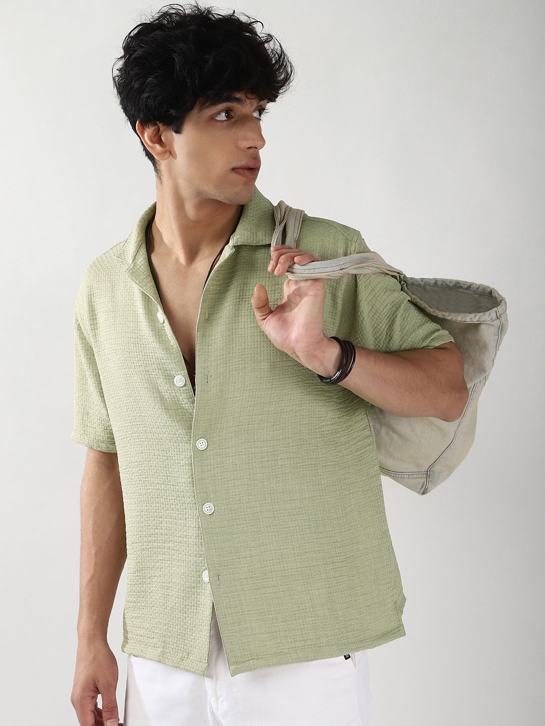 Men's Pastel Olive Cotton Half Sleeve Oversized Fit Textured Shirt with Cuban Collar