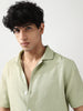 Men's Pastel Olive Cotton Half Sleeve Oversized Fit Textured Shirt with Cuban Collar