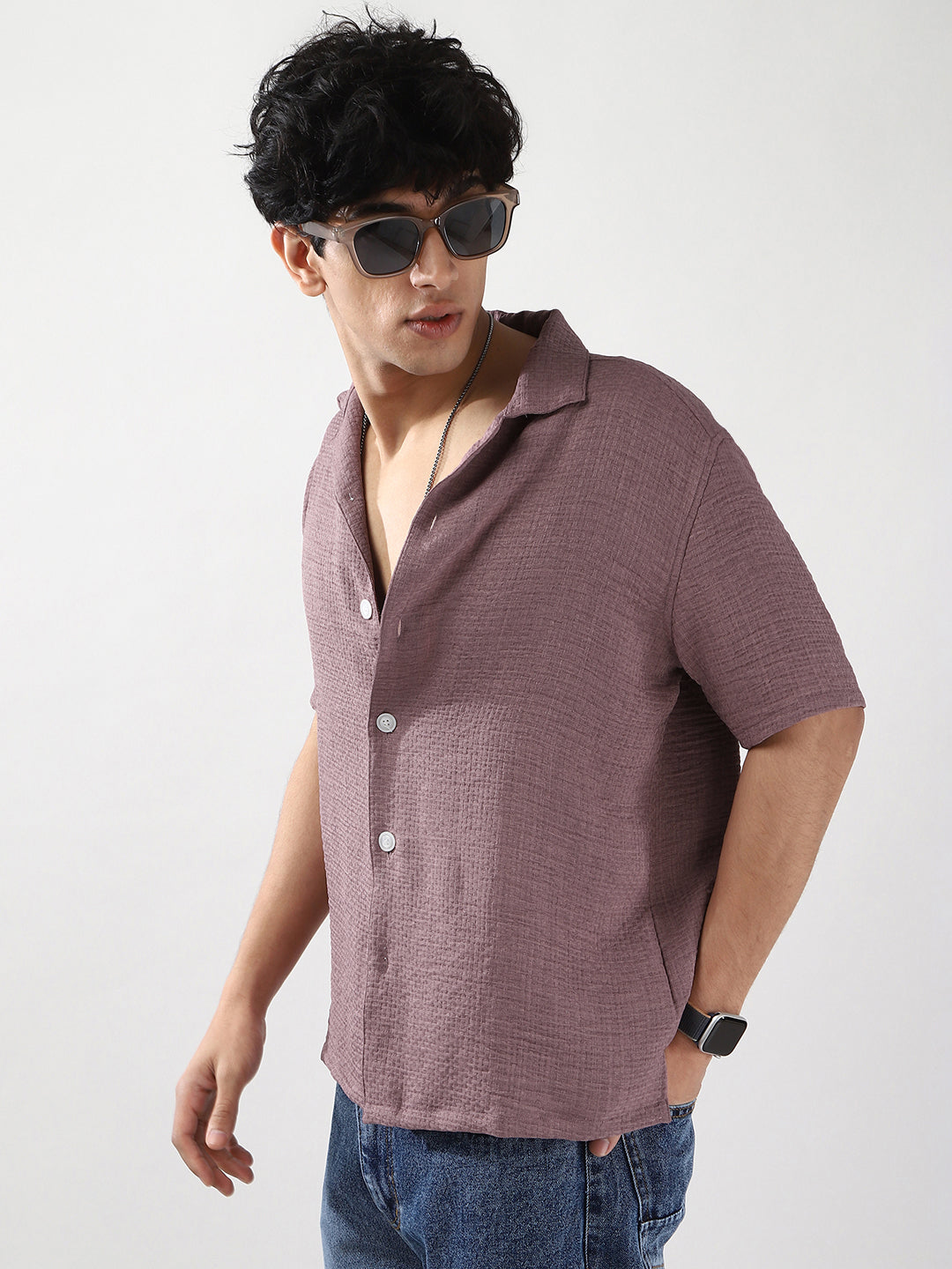 Men's Purple Cotton Half Sleeve Oversized Fit Textured Shirt with Cuban Collar