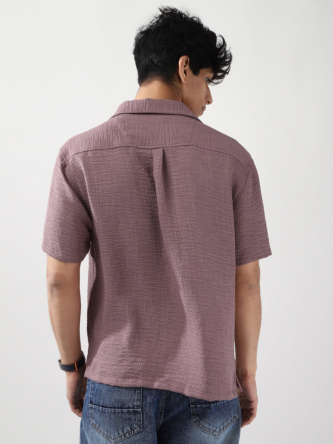 Men's Purple Cotton Half Sleeve Oversized Fit Textured Shirt with Cuban Collar