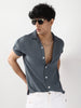 Men's Slate Blue Cotton Half Sleeve Oversized Fit Textured Shirt with Cuban Collar