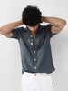 Men's Slate Blue Cotton Half Sleeve Oversized Fit Textured Shirt with Cuban Collar
