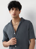 Men's Slate Blue Cotton Half Sleeve Oversized Fit Textured Shirt with Cuban Collar