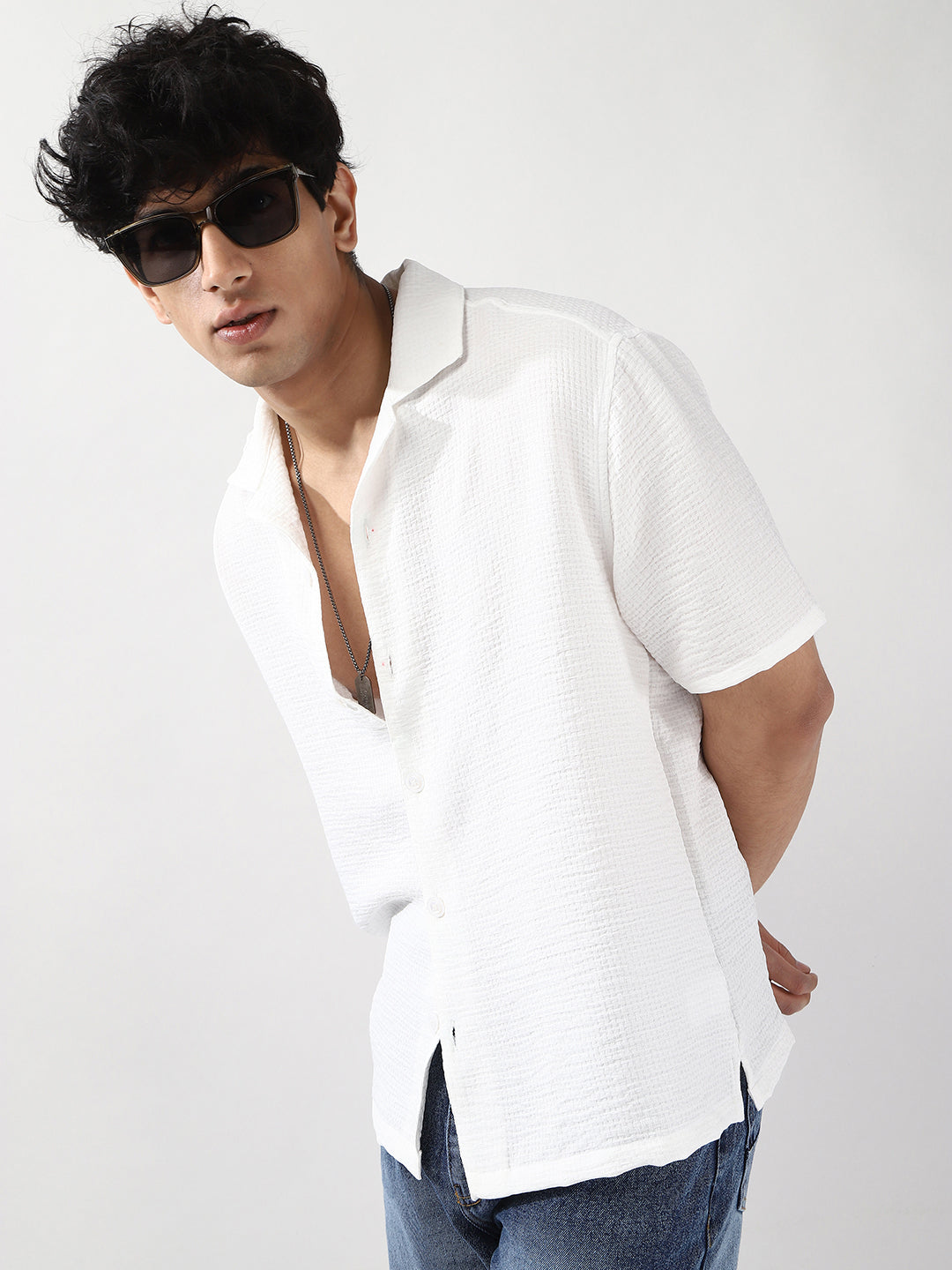 Men's White Cotton Half Sleeve Oversized Fit Textured Shirt with Cuban Collar