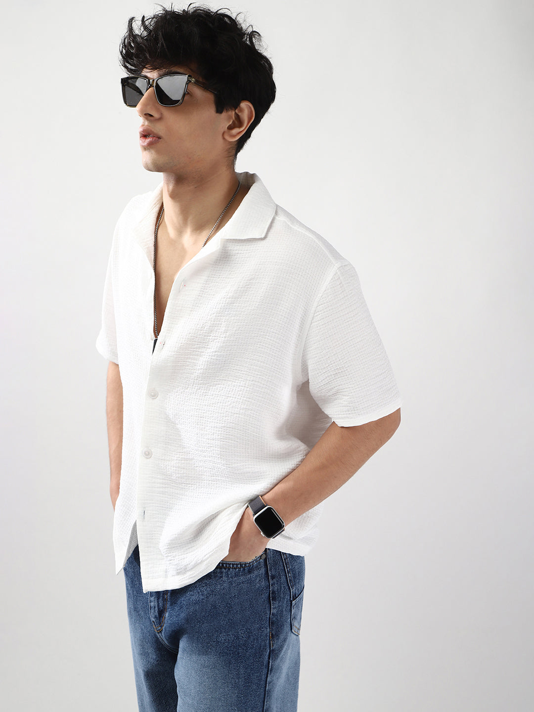 Men's White Cotton Half Sleeve Oversized Fit Textured Shirt with Cuban Collar