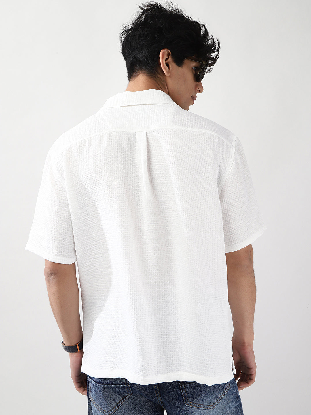 Men's White Cotton Half Sleeve Oversized Fit Textured Shirt with Cuban Collar