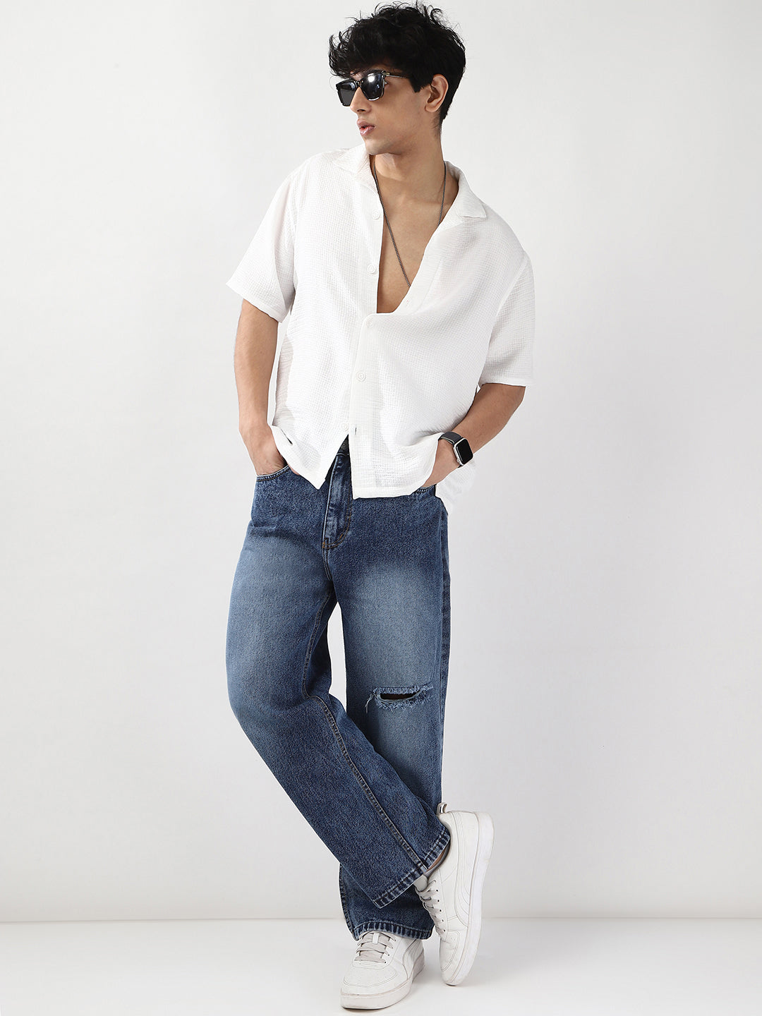 Men's White Cotton Half Sleeve Oversized Fit Textured Shirt with Cuban Collar