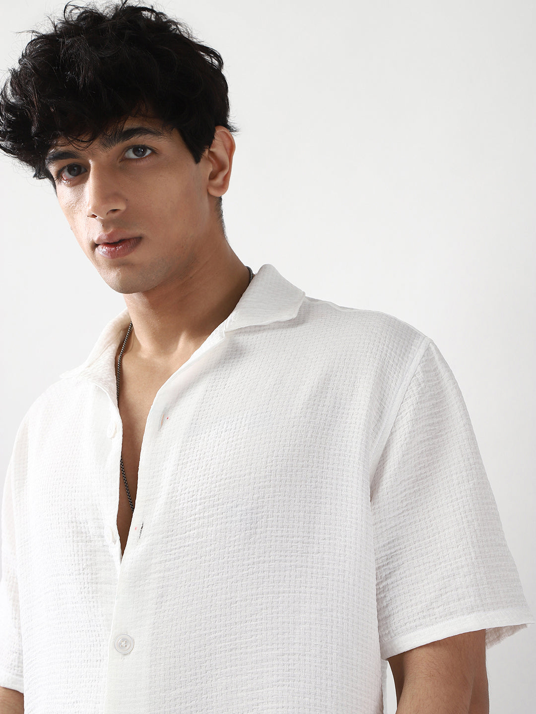 Men's White Cotton Half Sleeve Oversized Fit Textured Shirt with Cuban Collar