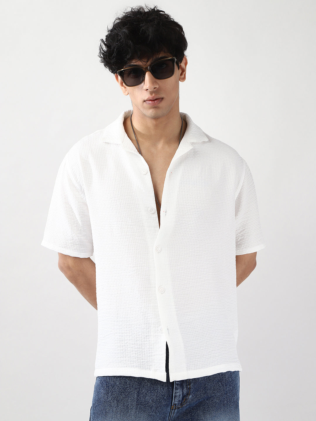 Men's White Cotton Half Sleeve Oversized Fit Textured Shirt with Cuban Collar