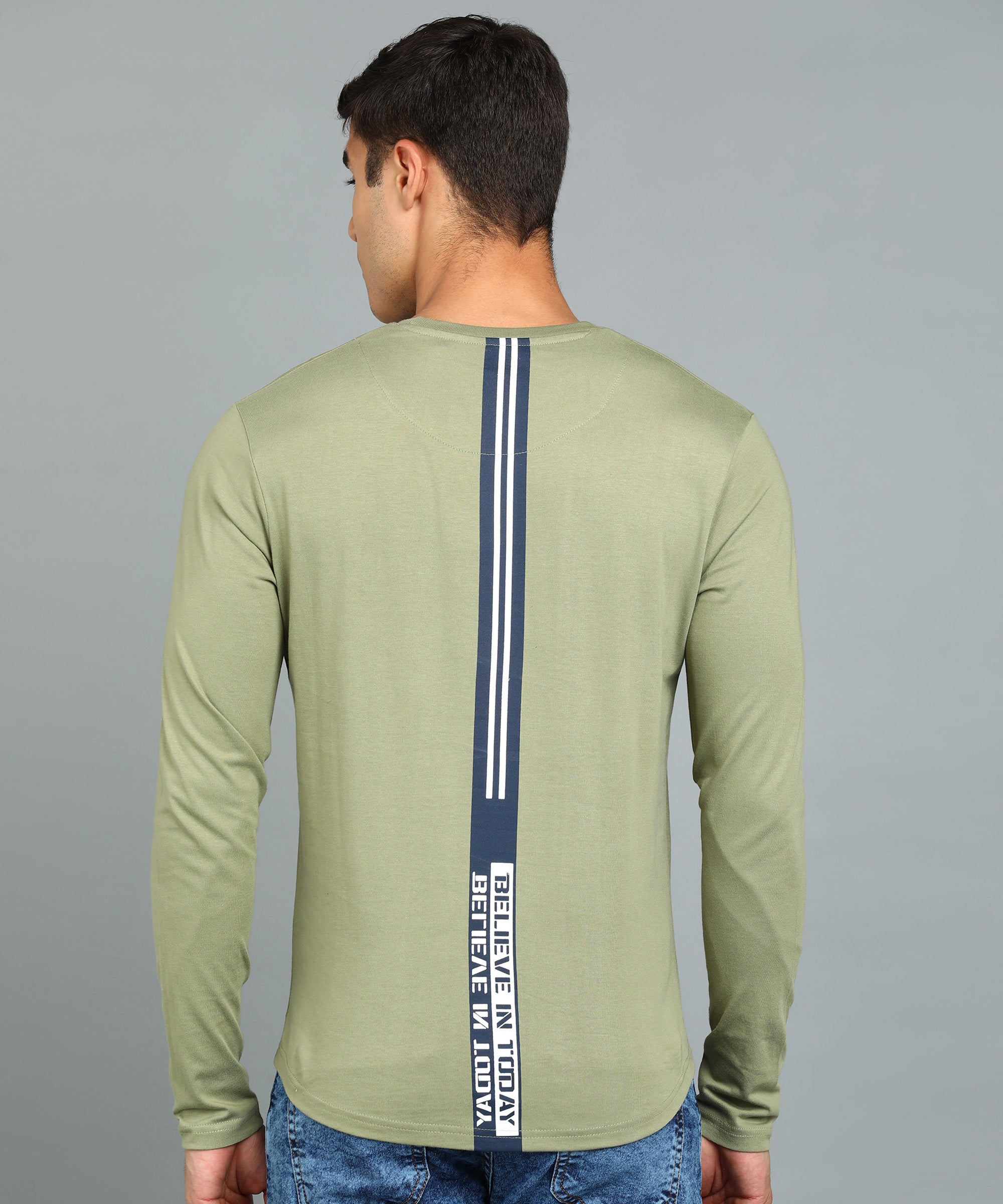 Men's Printed Olive Round Neck Full Sleeve Slim Fit Cotton T-Shirt