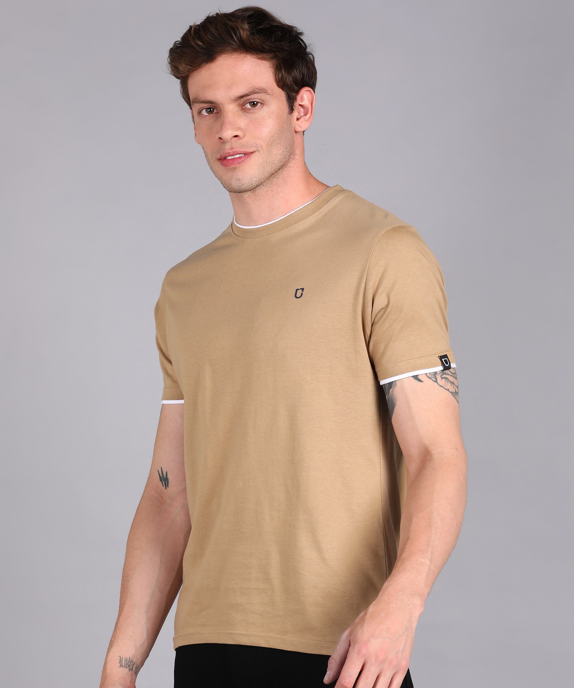 Men's Solid Khaki Round Neck Half Sleeve Slim Fit Cotton T-Shirt